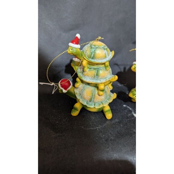 Glittery stacked Turtle Christmas Ornaments With Santa Hats - Set Of 2 - Picture 7 of 9